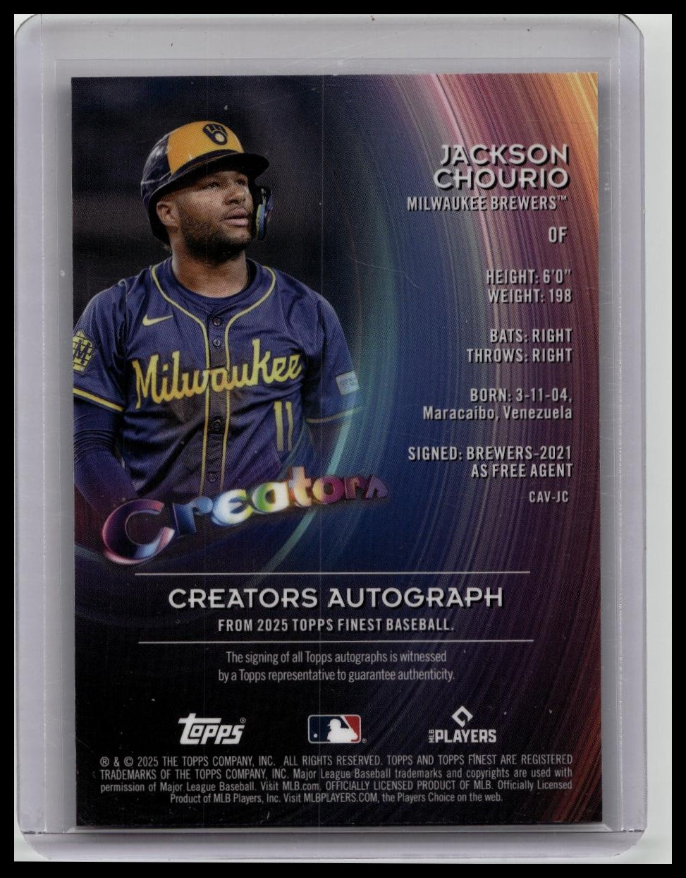 2025 Topps Finest #CAV-JC Jackson Chourio Brewers Creators Blue ON CARD AUTO /99
