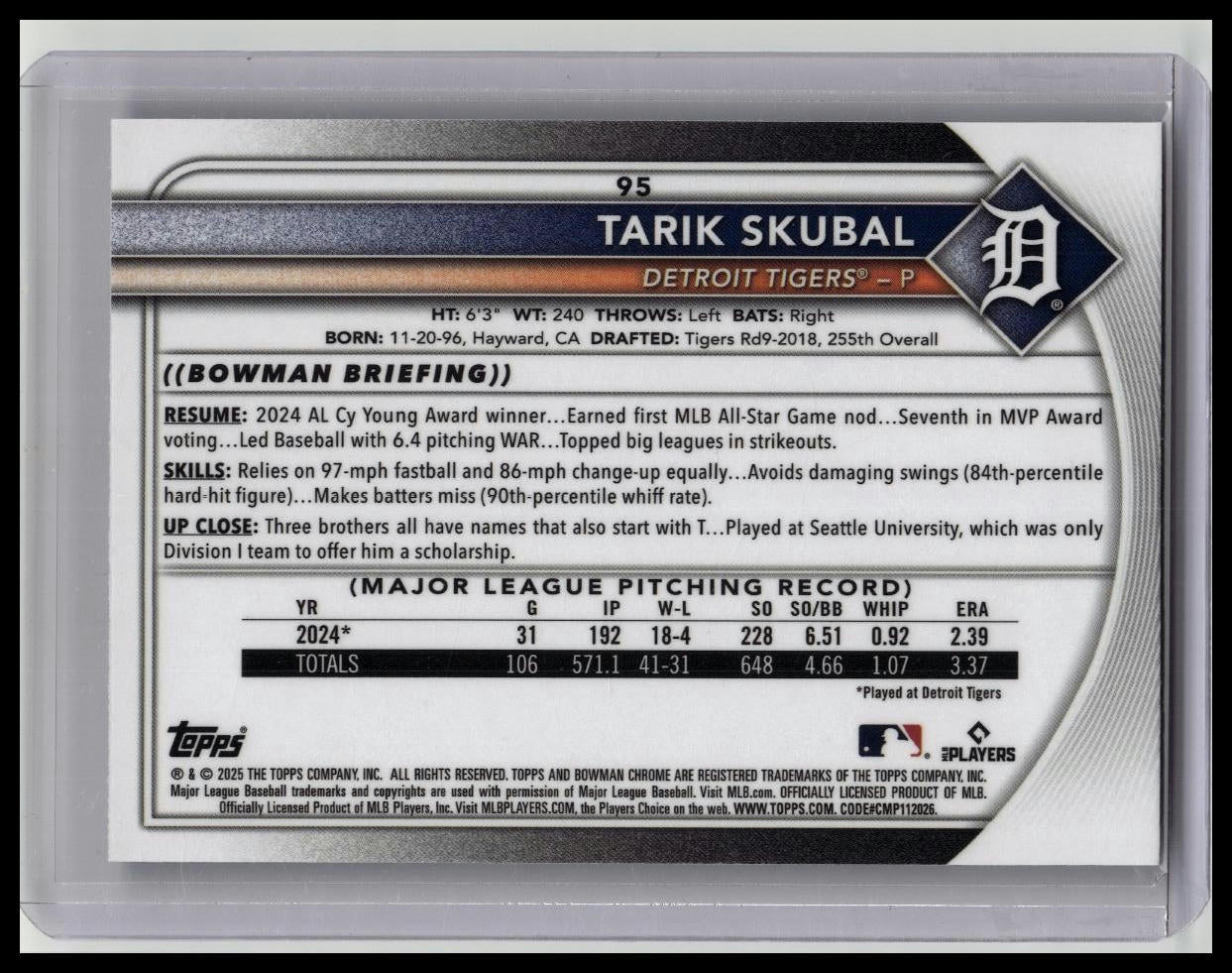2025 Bowman Chrome Tarik Skubal Blue Refractor /150 #95 Tigers