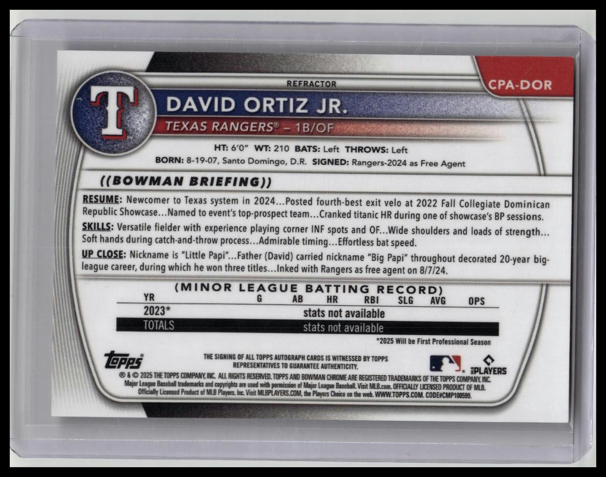 2025 Bowman Chrome 1st Refractor Auto David Ortiz Jr. #'d /499 Rangers
