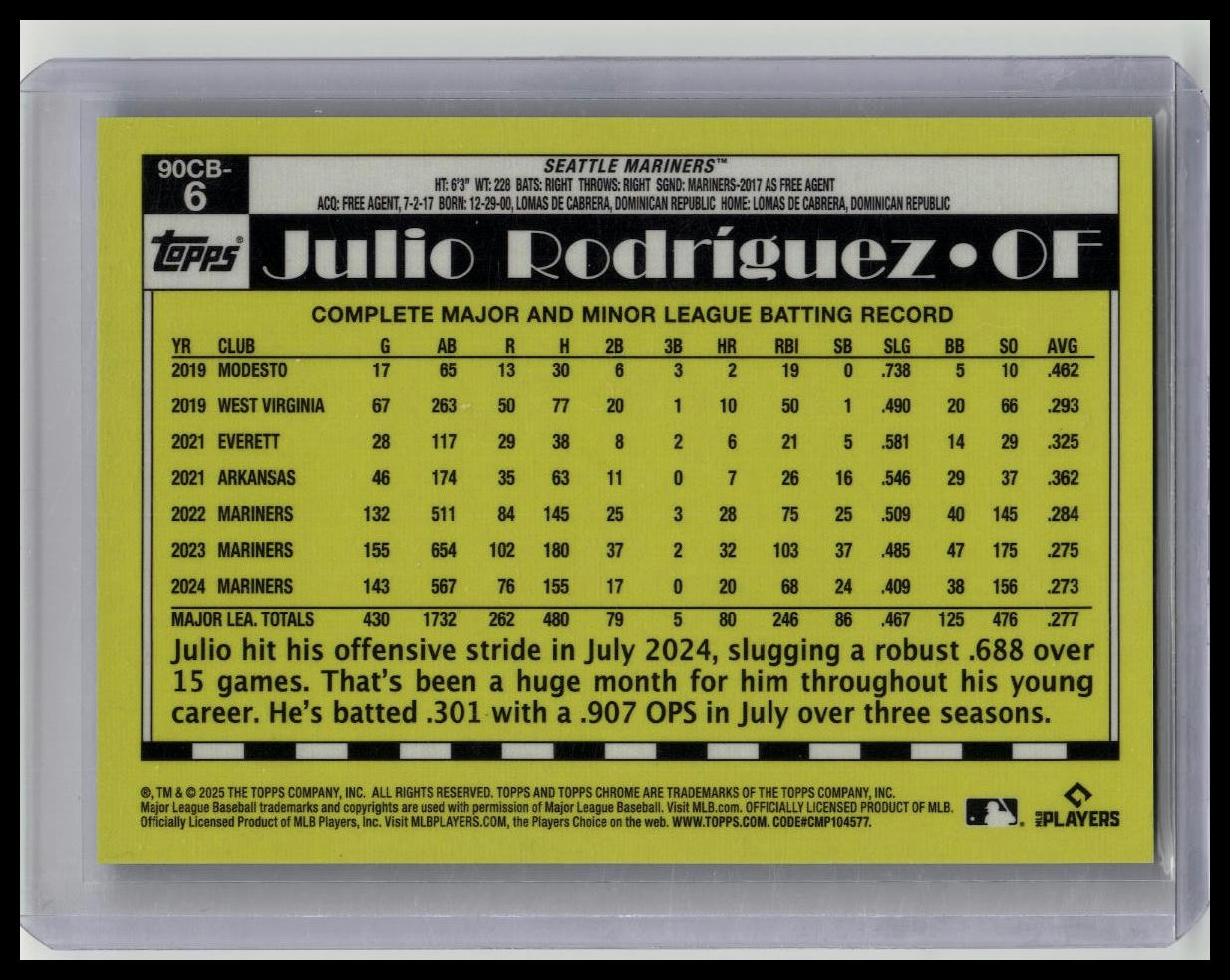 2025 Topps Chrome Logofractor Julio Rodriguez Gold Refractor /50