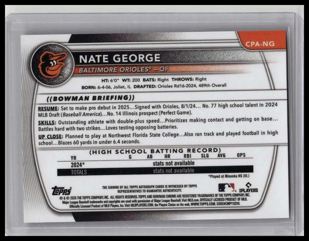 Nate George 2025 Bowman Chrome 1st Auto Baltimore Orioles CPA-NG