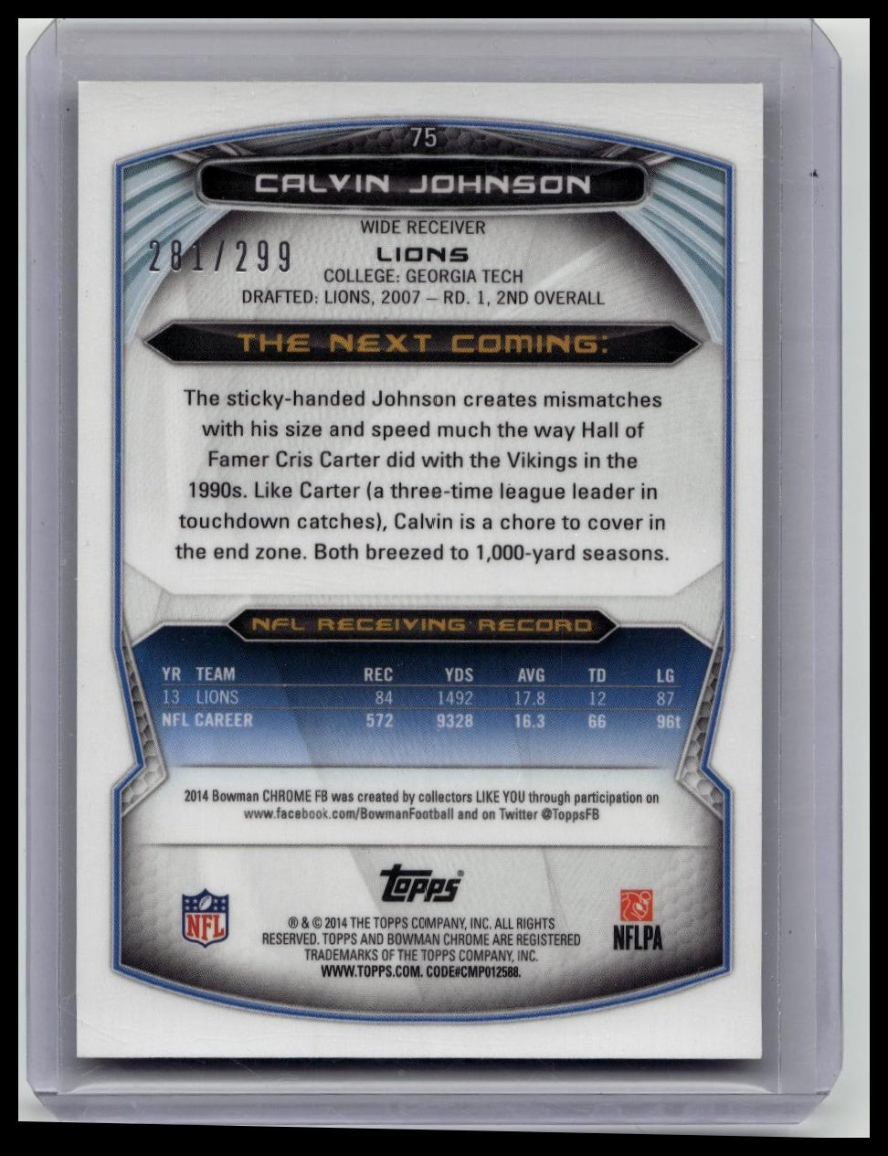 2014 Bowman Chrome #75 Calvin Johnson Black Refractor /299 Detroit Lions