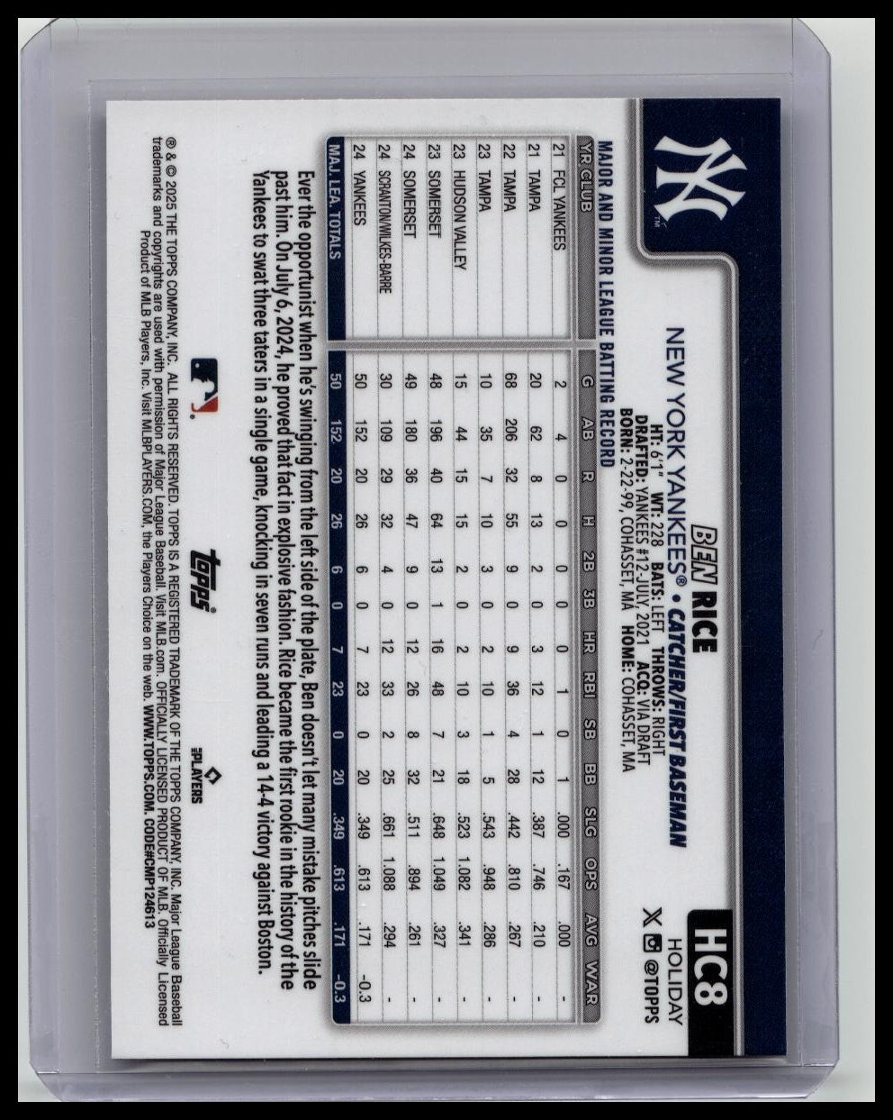 2025 Topps Chrome Holiday RC Ben Rice Purple /299