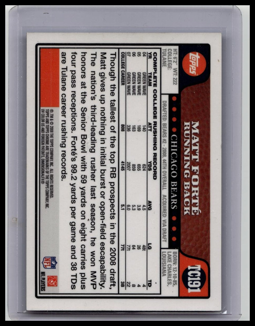 Matt Forte 2008 Topps Chrome Rookie Auto #TC191 Auto RC