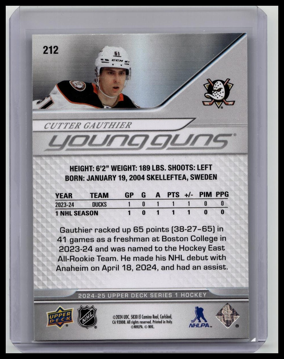 2024 Upper Deck Young Guns #212 Cutter Gauthier RC Rookie