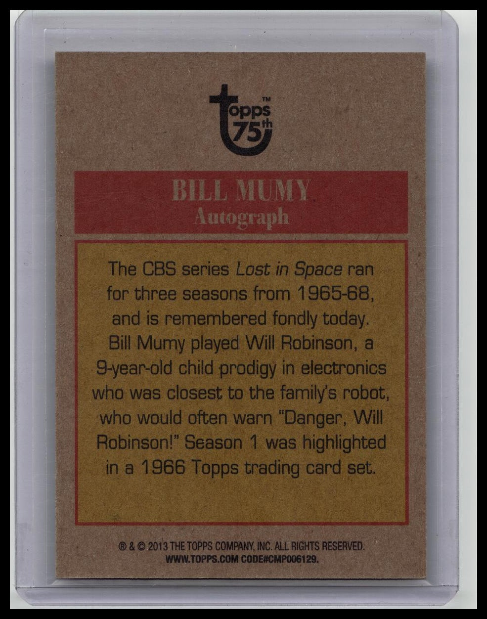Bill Mumy 2013 Topps 75th Anniversary Auto Lost In Space