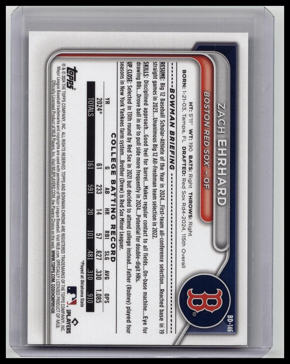 2024 Bowman Draft Zach Ehrhard 1st Bowman Black 1/1