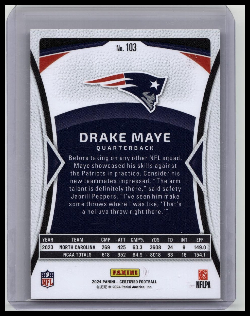 2024 Panini Certified - Rookies Drake Maye #103 Mirror Pink /225 (RC)