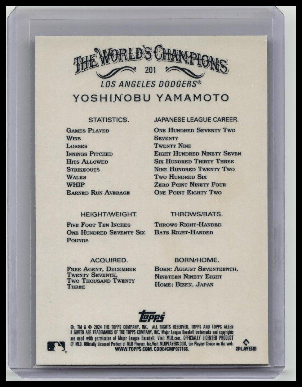 2024 Topps Allen & Ginter X Yoshinobu Yamamoto BLACK CHROME Refractor 201 RC SSP