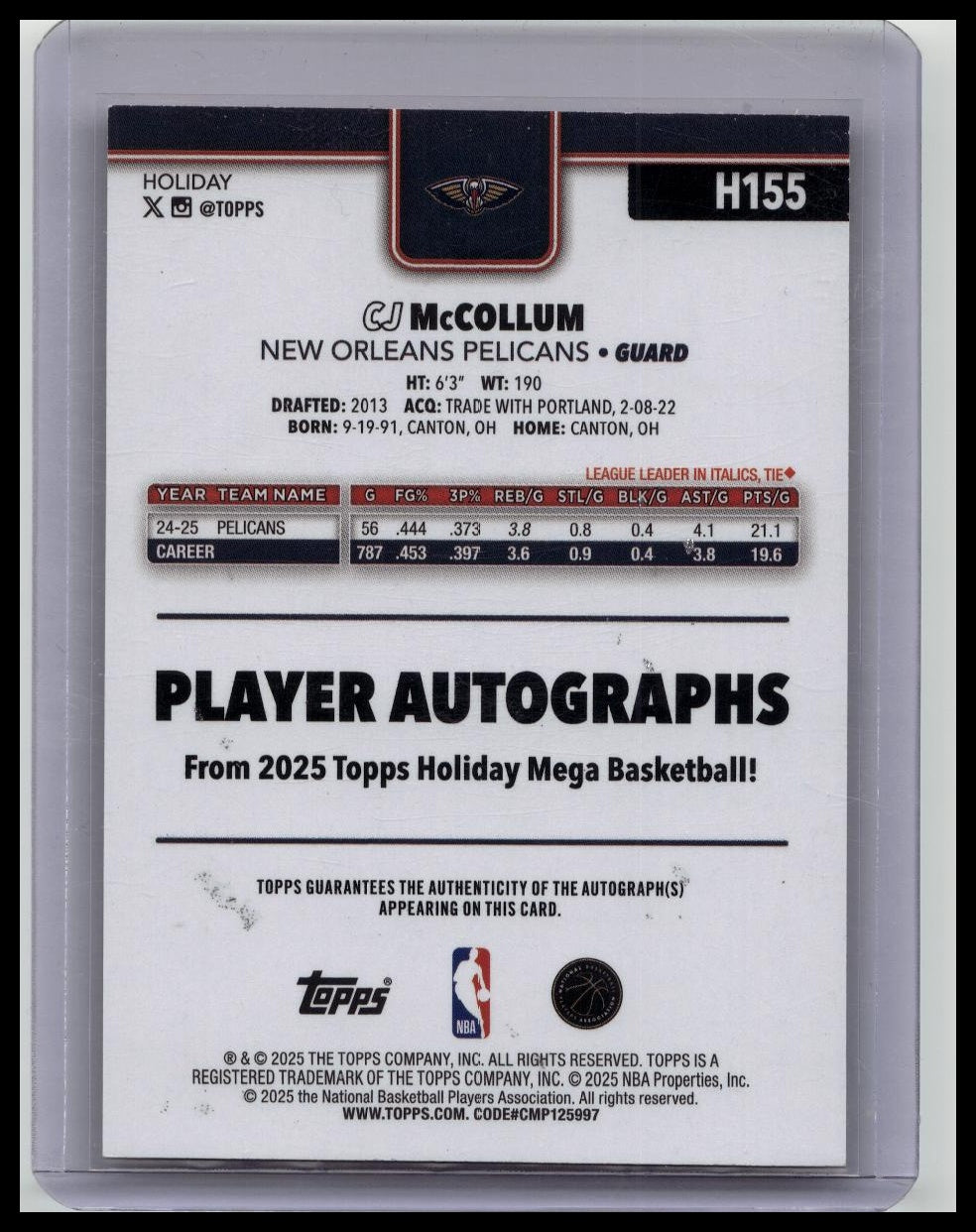 2025-26 Topps Holiday CJ Mccollum #H155 Red Glitter Foil Auto 3/10 JERSEY NUMBER!