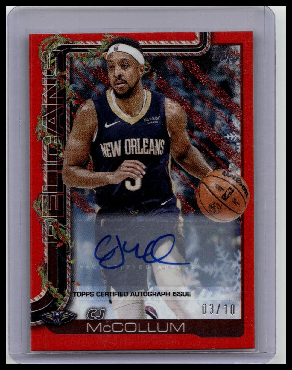 2025-26 Topps Holiday CJ Mccollum #H155 Red Glitter Foil Auto 3/10 JERSEY NUMBER!