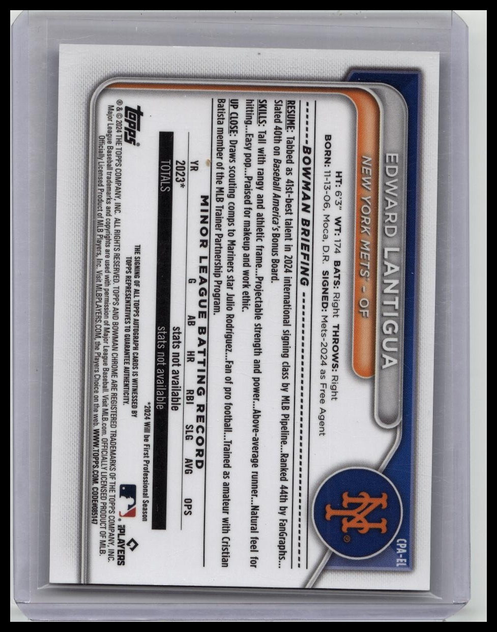 2024 Bowman Chrome Edward Lantigua Auto Purple Refractor 1st #/250 Mets