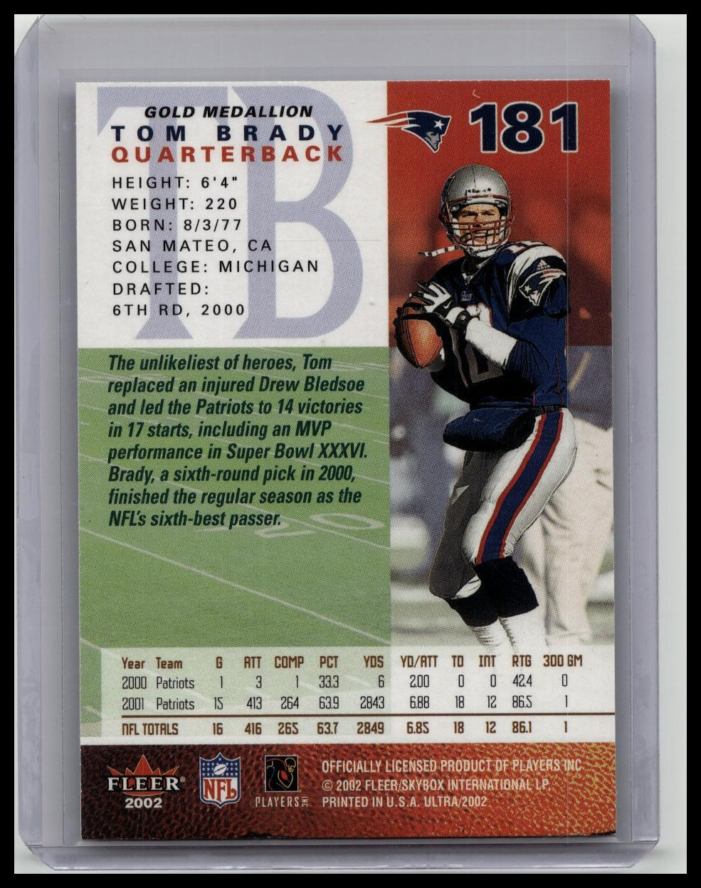 2002 Fleer Ultra Tom Brady Gold Medallion #181