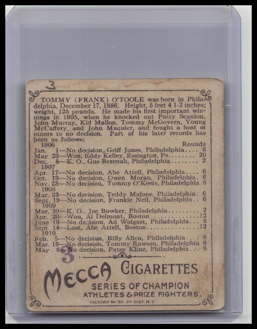 1910 Champions T218 Boxing Tommy O'Toole Rookie Mecca Back