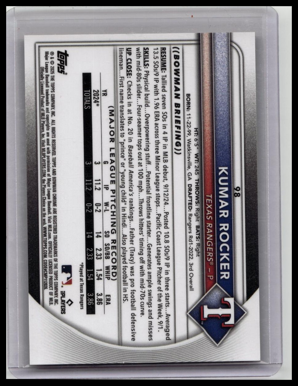 KUMAR ROCKER 2025 BOWMAN CHROME GOLD RC TEXAS RANGERS /50