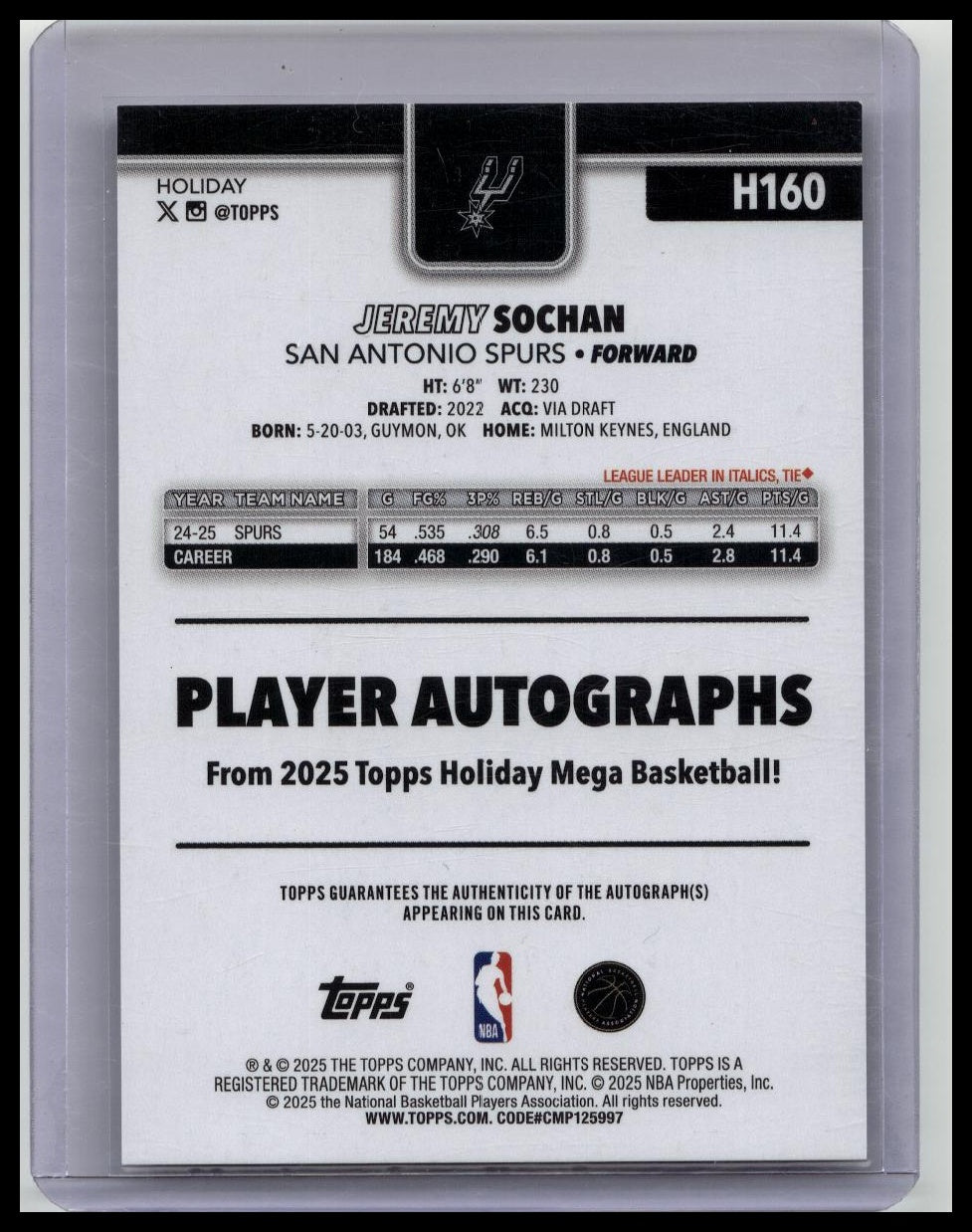2025-26 Topps Holiday Jeremy Sochan Auto #H160