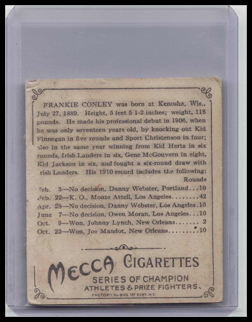 1910 ATC Champions Tobacco T218 Frankie Conley Mecca Back