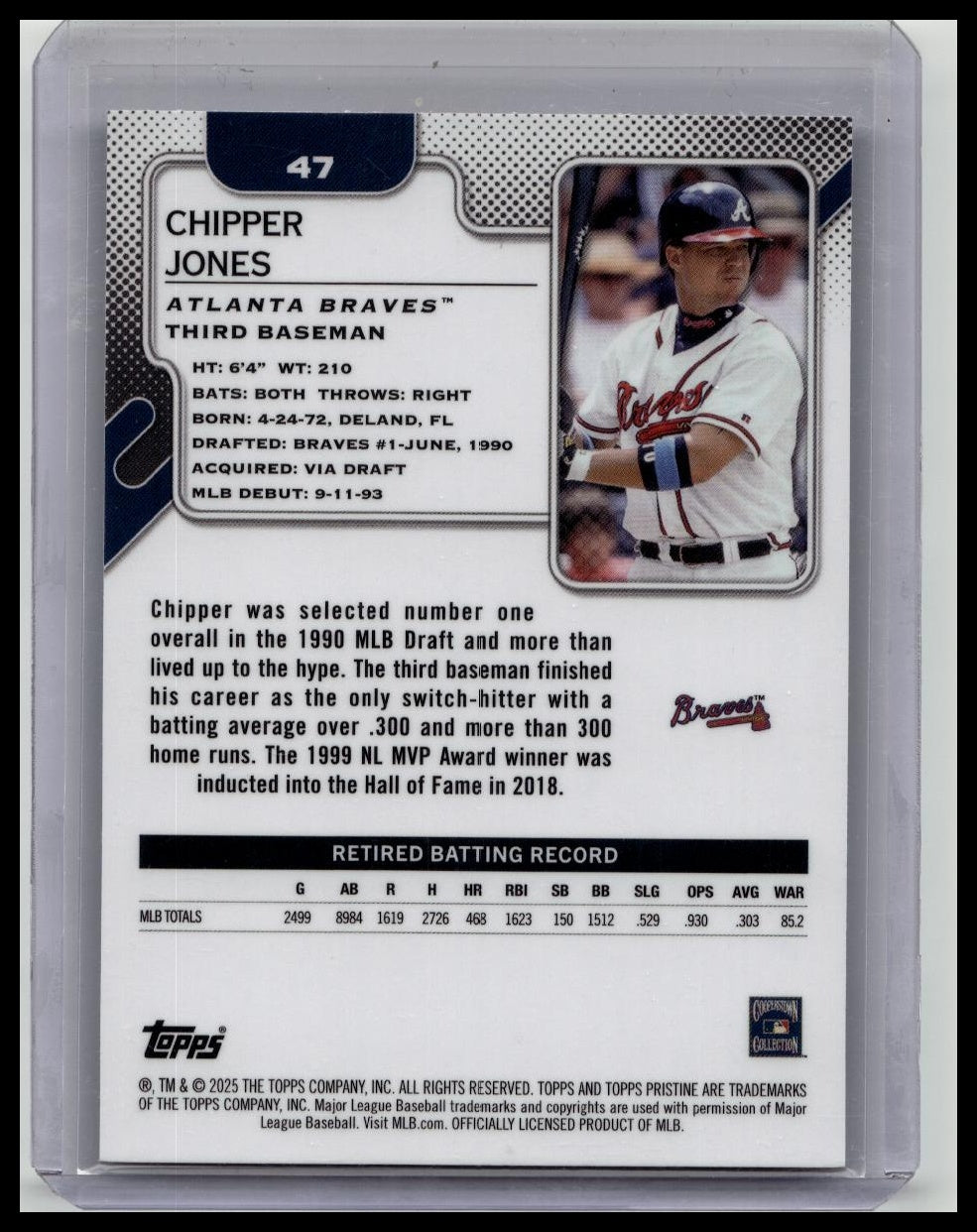 Chipper Jones 2025 Topps Pristine Card #47 Atlanta Braves Blue Refractor /75