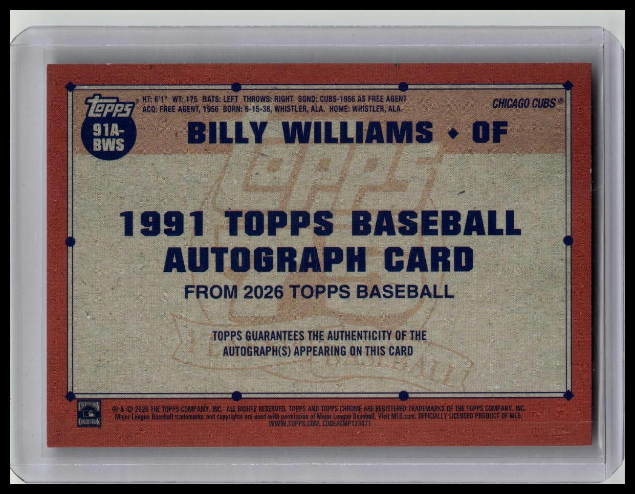 Billy Williams 2026 Topps Series 1 75th Anniversary Auto 1991 Cubs MLB