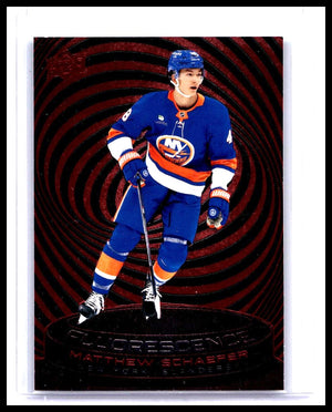 MATTHEW SCHAEFER 2025-26 UPPER DECK SERIES 2 HOCKEY FLUORESCENCE RED SP #F-26