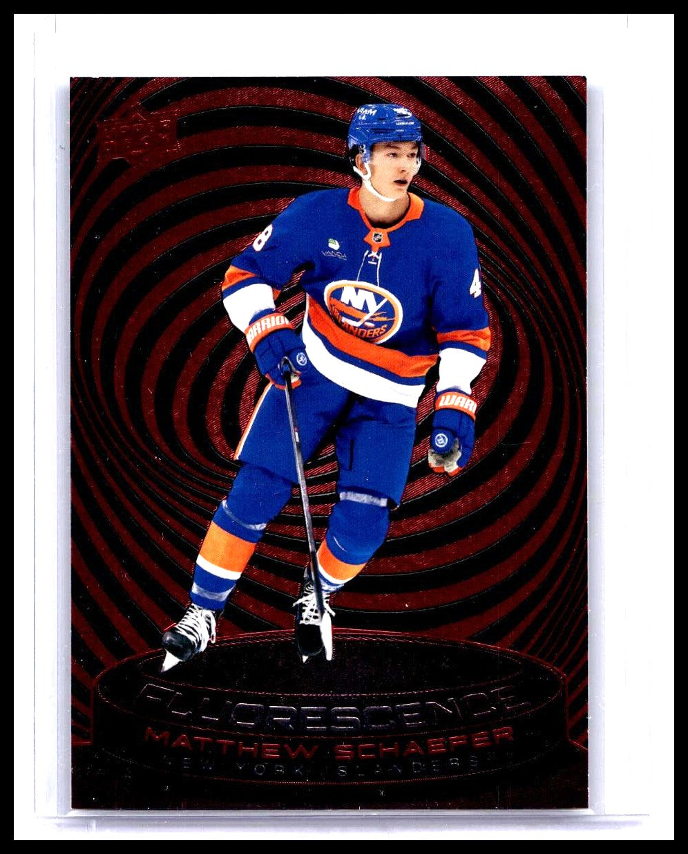 MATTHEW SCHAEFER 2025-26 UPPER DECK SERIES 2 HOCKEY FLUORESCENCE RED SP #F-26