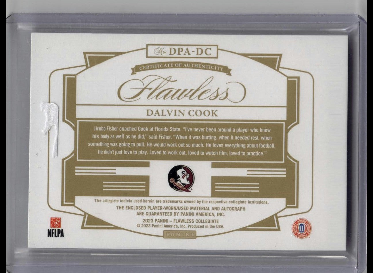 DALVIN COOK 2023 FLAWLESS COLLEGIATE DUAL GAME USED PATCH AUTO SP /20 FLORIDA ST