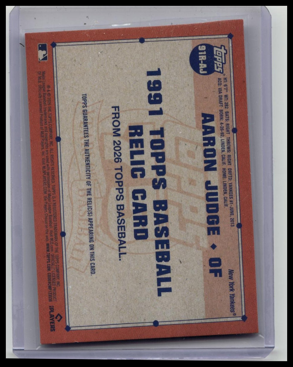 2026 Topps 1991 Baseball Relics Aaron Judge #91R-AJ Game-Used Relic Yankees