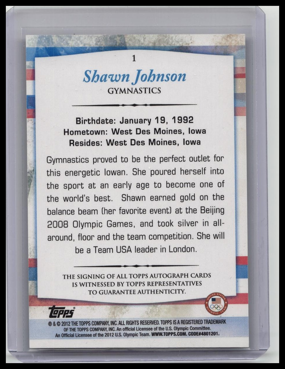 2012 TOPPS USA OLYMPIC TEAM Shawn Johnson AUTO AUTOGRAPH GOLD MEDAL