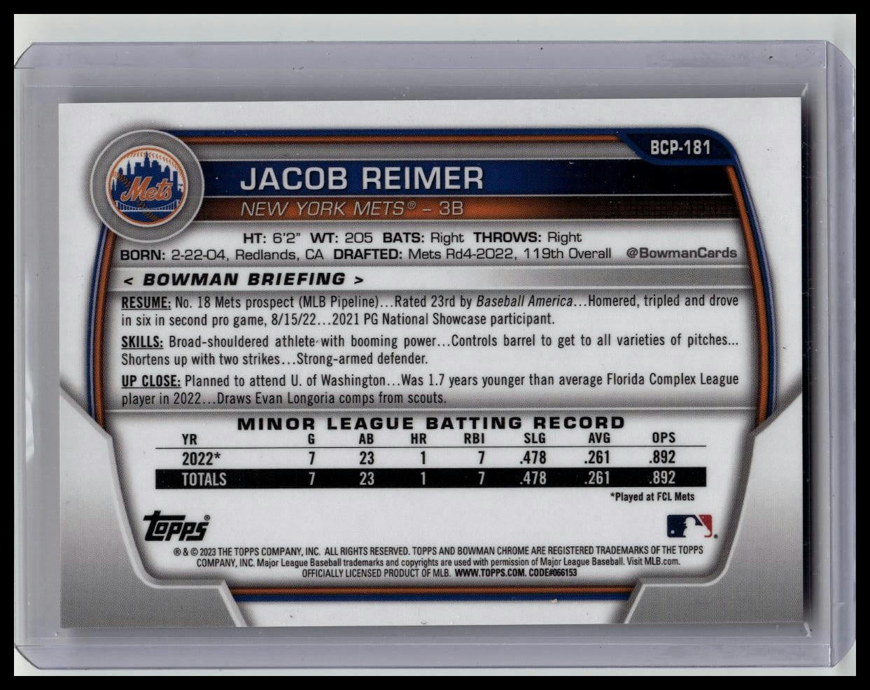 2023 Bowman Chrome Sapphire Edition #BCP-181 Jacob Reimer Prospects Orange #/75