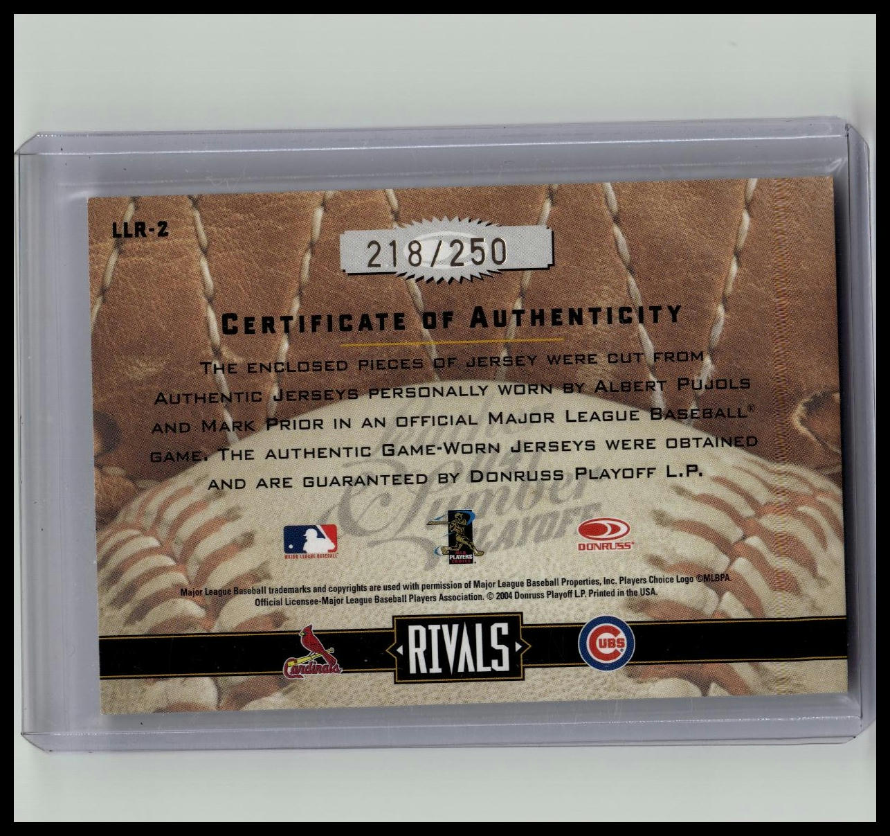 2004 Leather and Lumber Rivals Materials Mark Prior / Albert Pujols Jersey /250