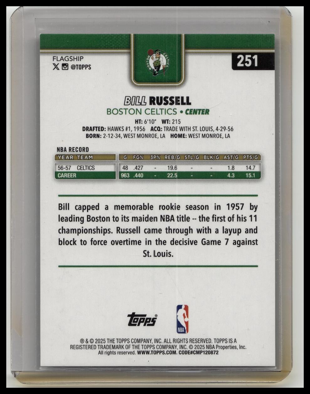 2025 Topps NBA Gold Foil Bill Russell #251 /50 Gold Foil