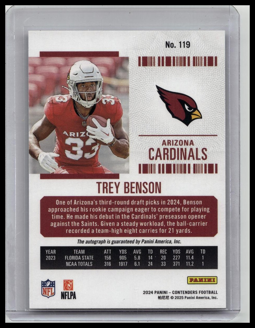 2024 Contenders Trey Benson Rookie Ticket Auto Arizona Cardinals
