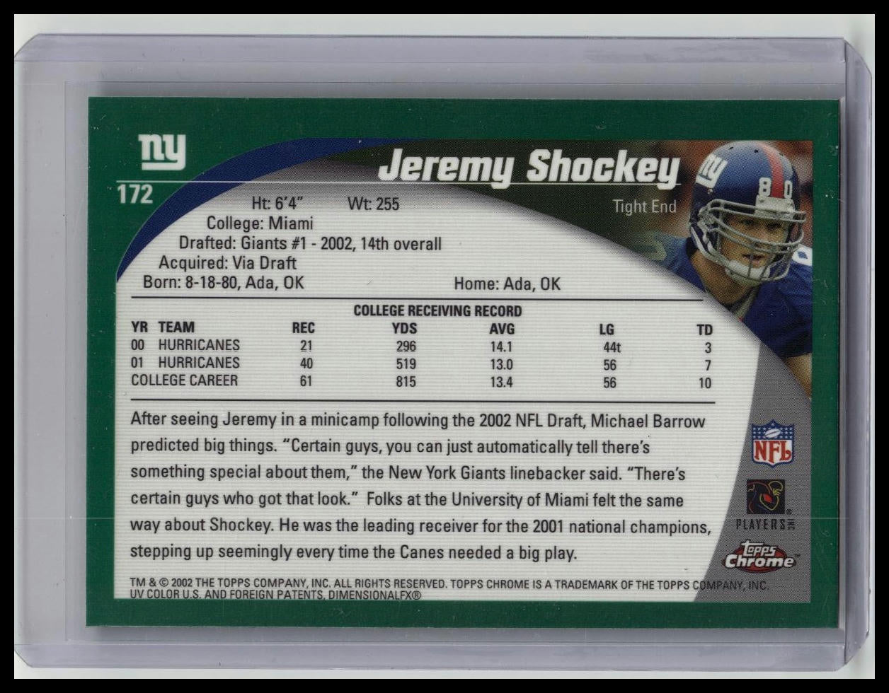 2002 Topps Chrome Football #172 RC Jeremy Shockey Refractor Giants
