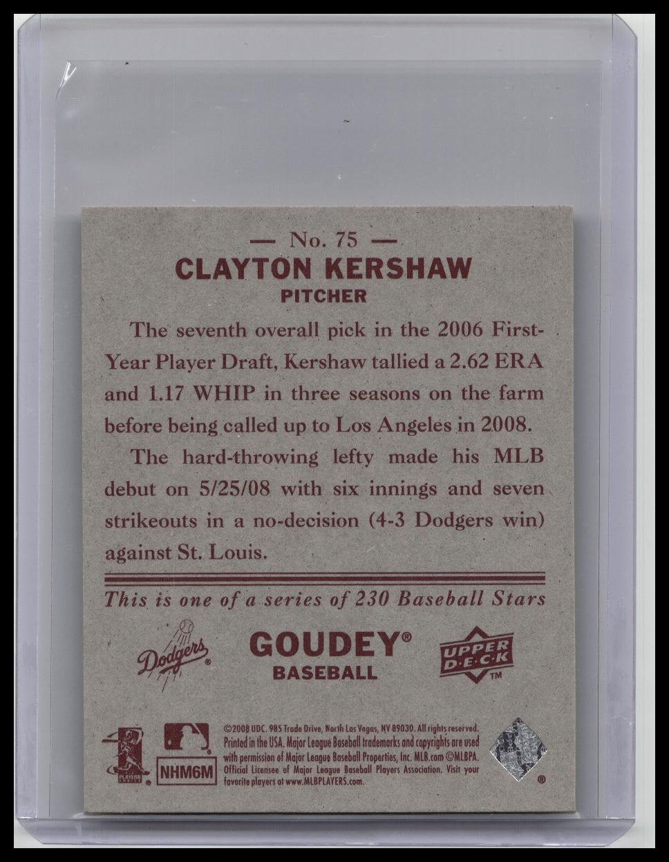 2008 Upper Deck Goudey - Clayton Kershaw Rookie #75 Mini Red Back (RC)