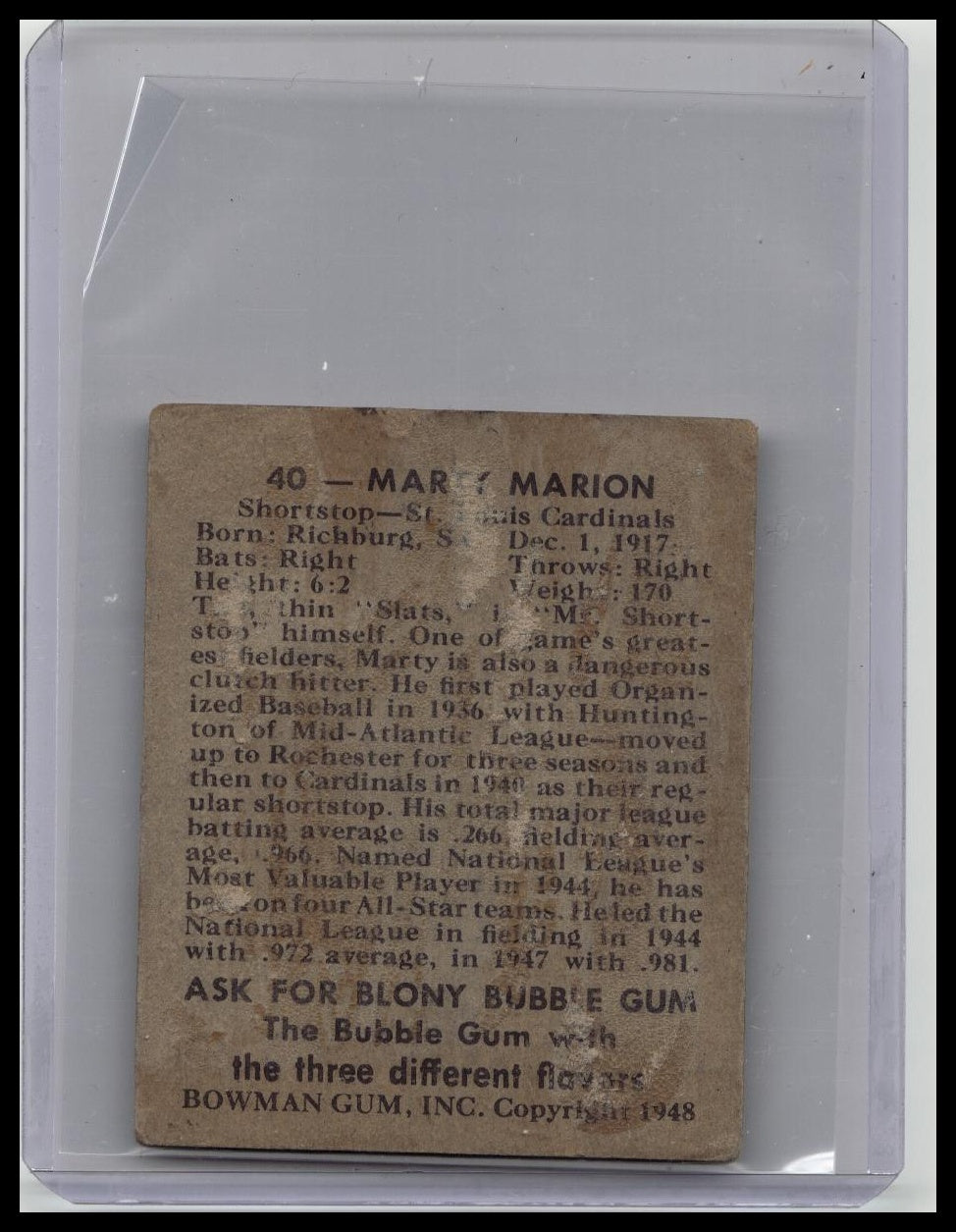 1948 Bowman Marty Marion Rookie RC #40
