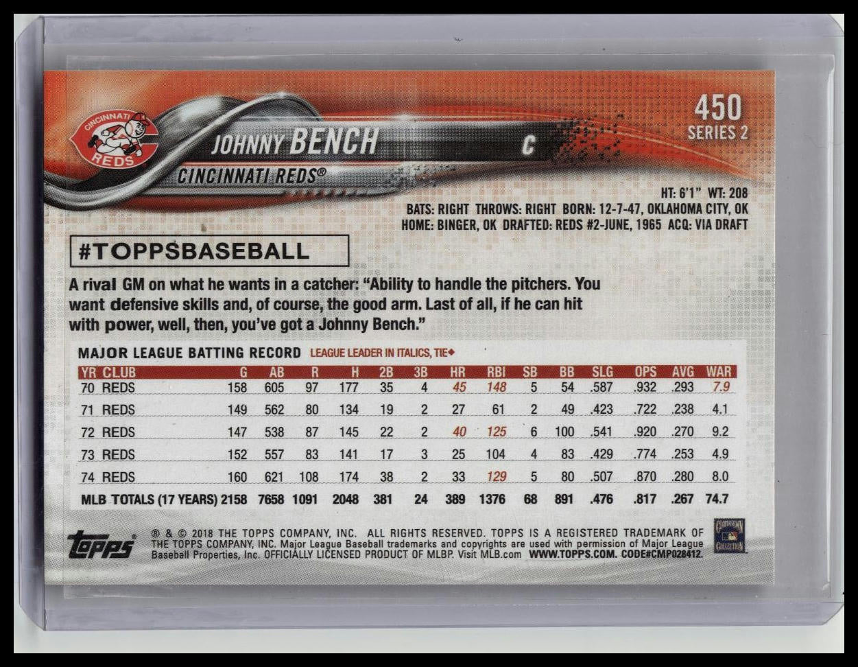 2018 Topps #450 JOHNNY BENCH Short Print SP VARIATION CINCINNATI REDS