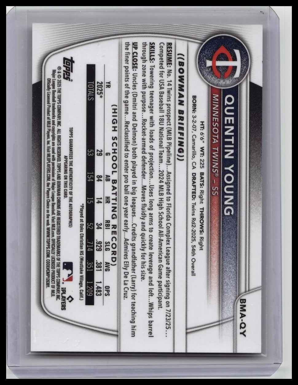 2025 Bowman Draft Mega Prospect Auto Quentin Young #CPA-QY Gold Mega /50