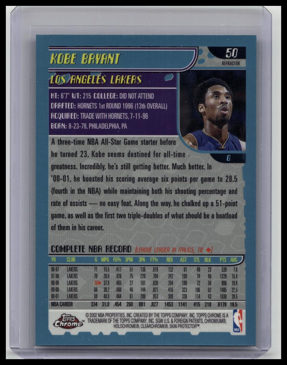 2001-02 Topps Chrome #50 Kobe Bryant Refractor - Los Angeles Lakers