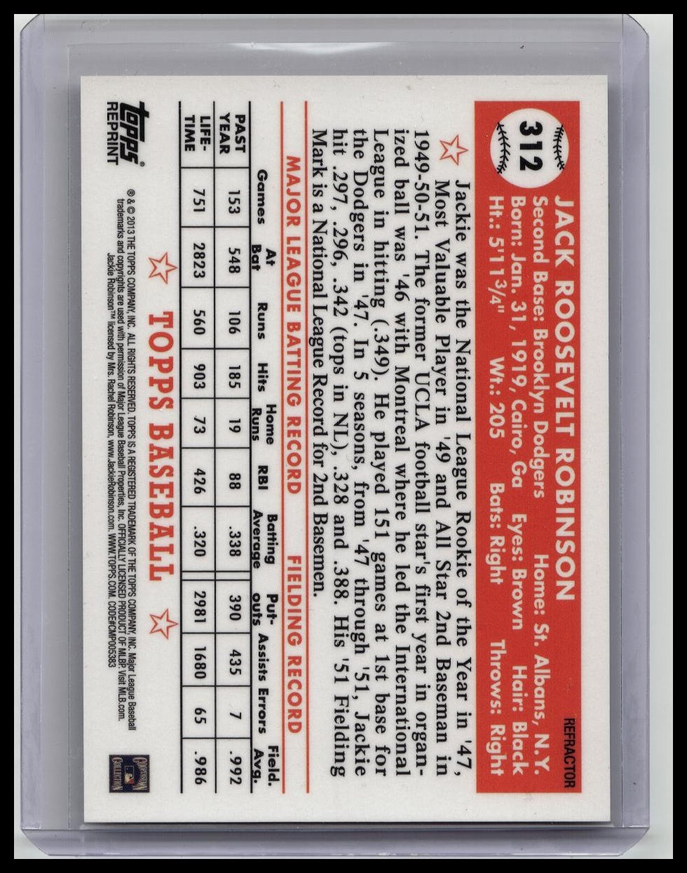 2013 TOPPS FACTORY CHROME REPRINT REFRACTOR #312 JACKIE ROBINSON CARD