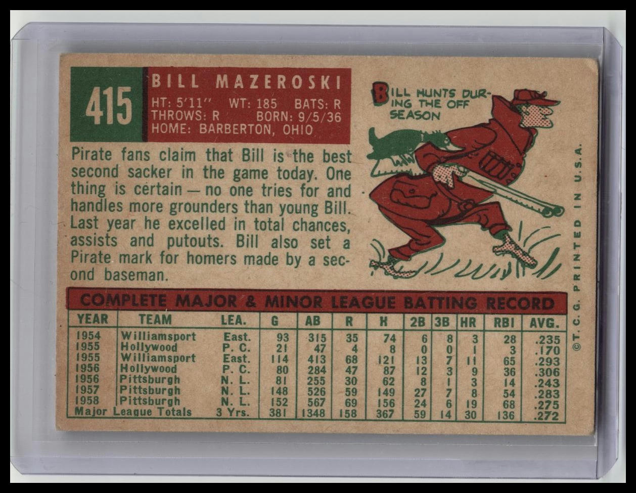 1959 TOPPS #415 BILL MAZEROSKI PITTSBURGH PIRATES