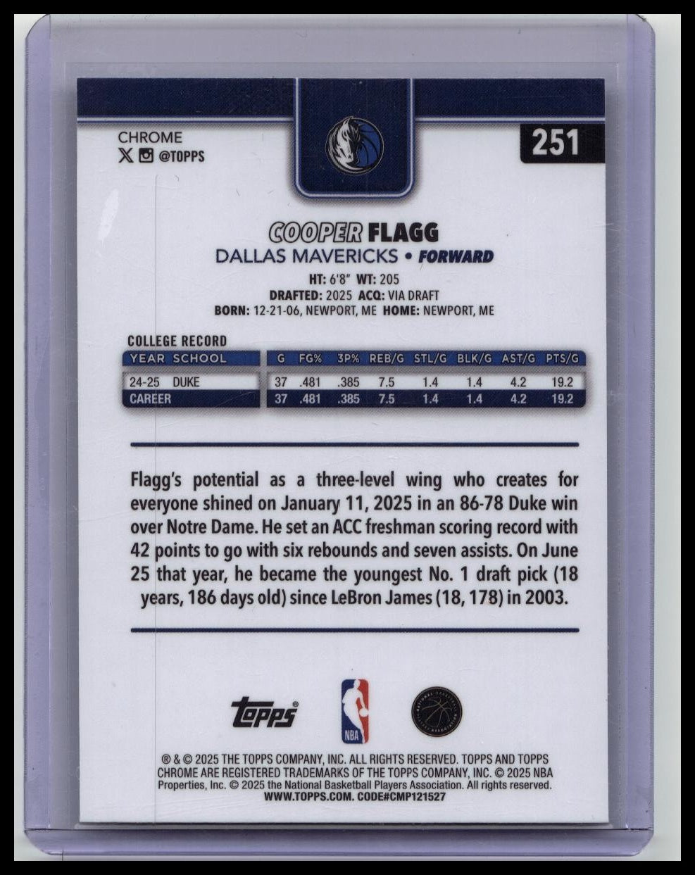 2025-26 Topps Chrome Cooper Flagg Base #251 RC Dallas Mavericks
