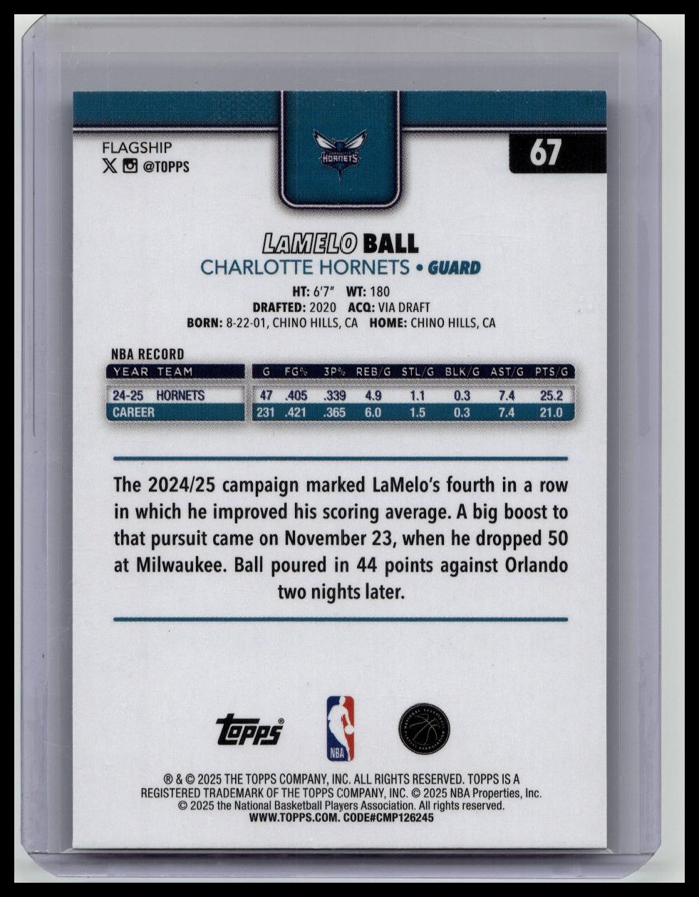 2025-26 Topps Lamelo Ball NBA Team Logo Border Charlotte Hornets SSP #67