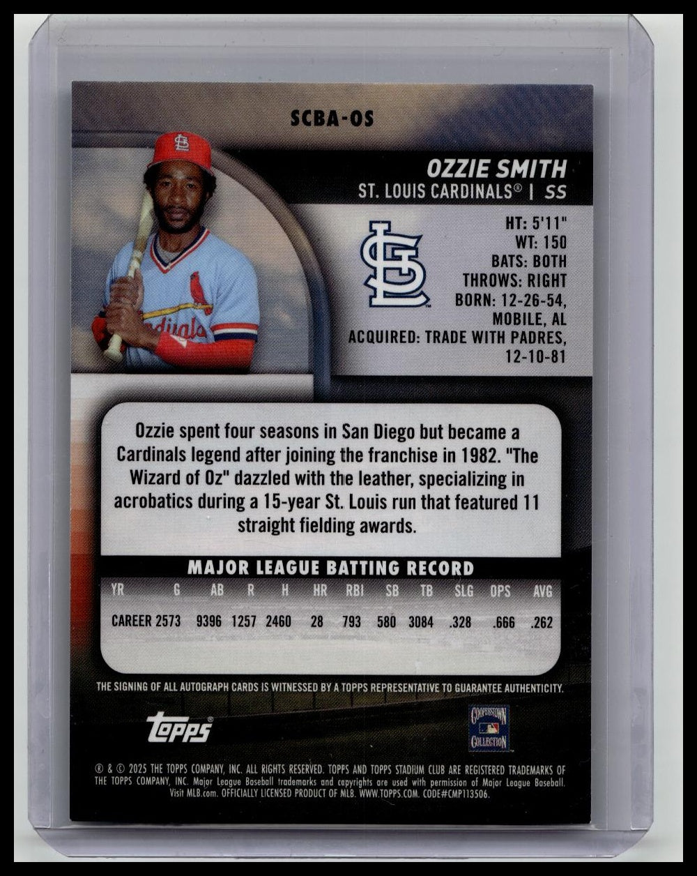 2025 Topps Stadium Club Ozzie Smith Turquoise Auto /99 #SCBA-OS Cardinals