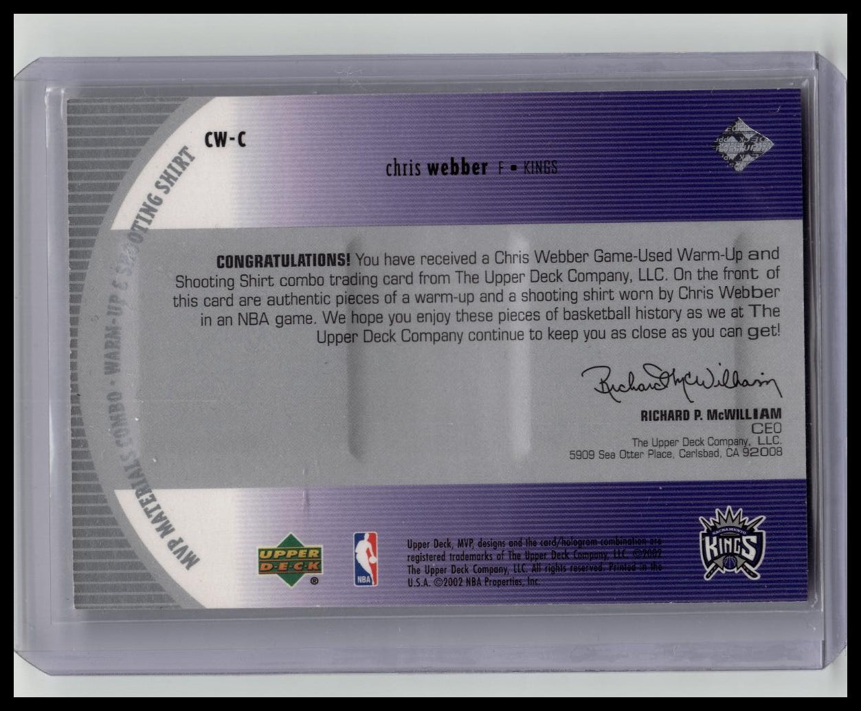 CHRIS WEBBER 2002-03 UD MVP DUAL GAME-USED JERSEY KINGS