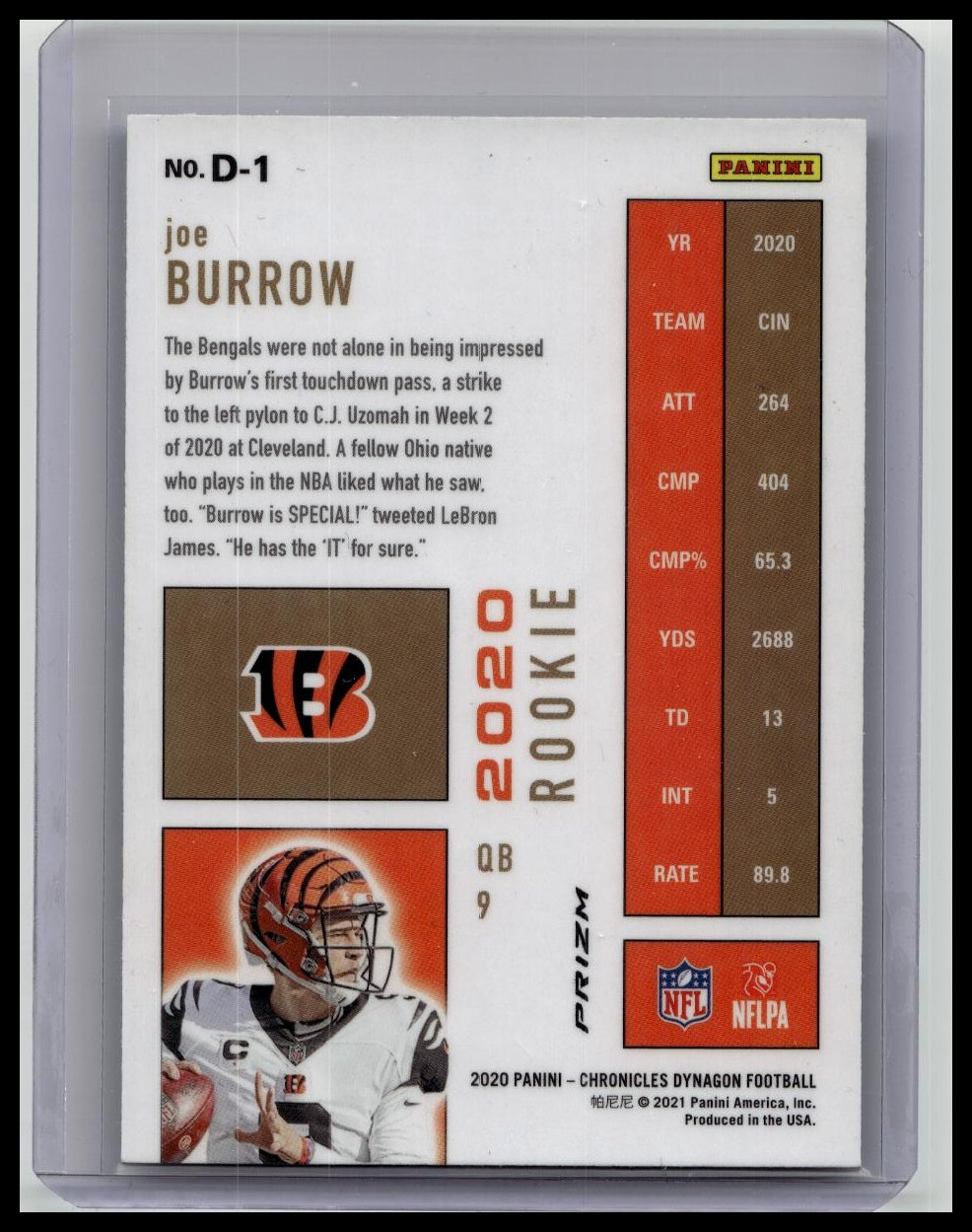 2020 Panini Chronicles - Dynagon Rookies Joe Burrow #D-1 Silver Prizm (RC)