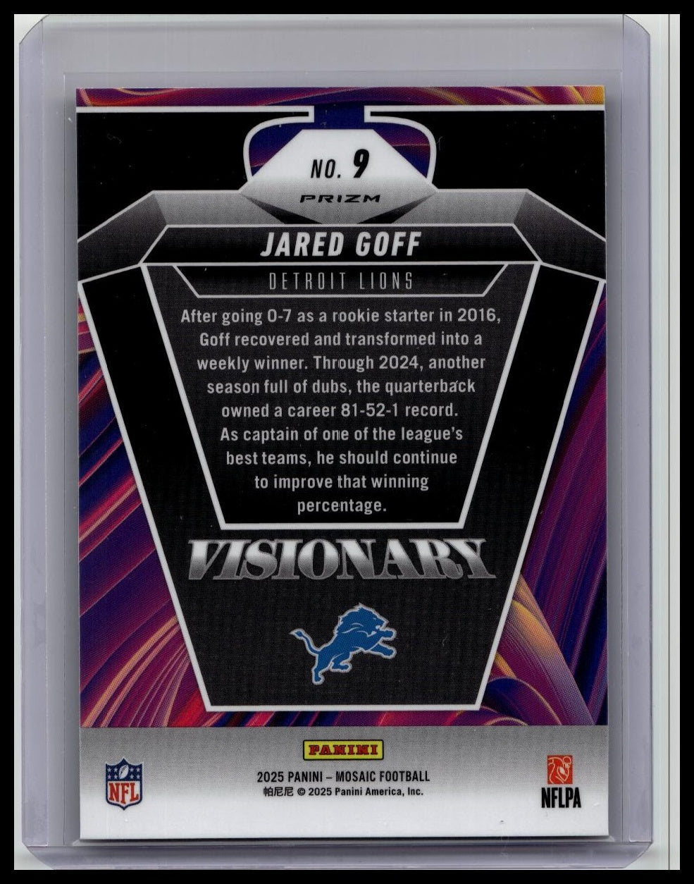 2025 Panini Mosaic - Jared Goff #9 - Visionary - CASE HIT!!! - Detroit Lions