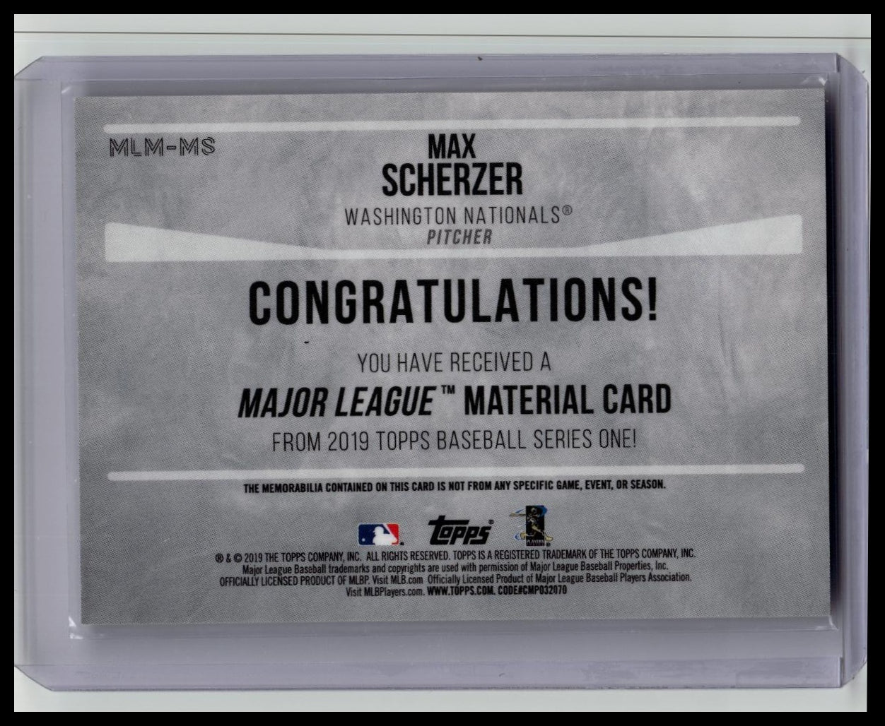 MAX SCHERZER 2019 Topps S1 MAJOR LEAGUE MATERIAL RELIC PARALLEL #/50