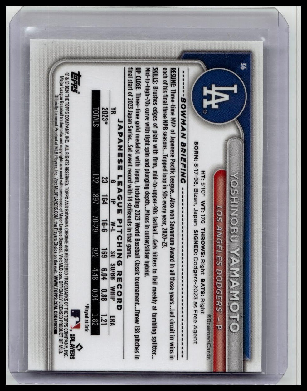 YOSHINOBU YAMAMOTO 2024 BOWMAN CHROME MEGA BOX ROOKIE MOJO #36 RC