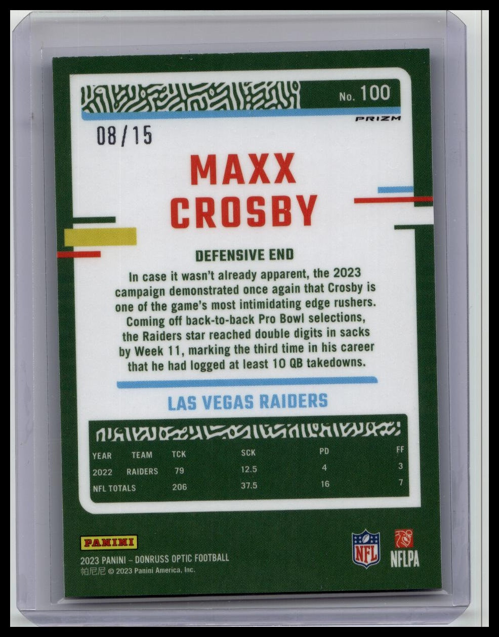 2023 Donruss Optic #100 Maxx Crosby Blue Glitter Prizm /15 - Raiders