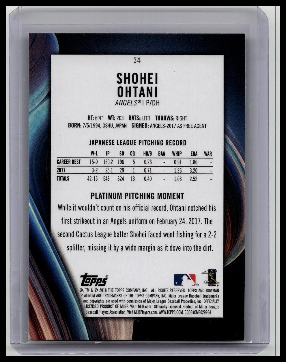 2018 Topps Bowman Platinum Shohei Ohtani Rookie #34